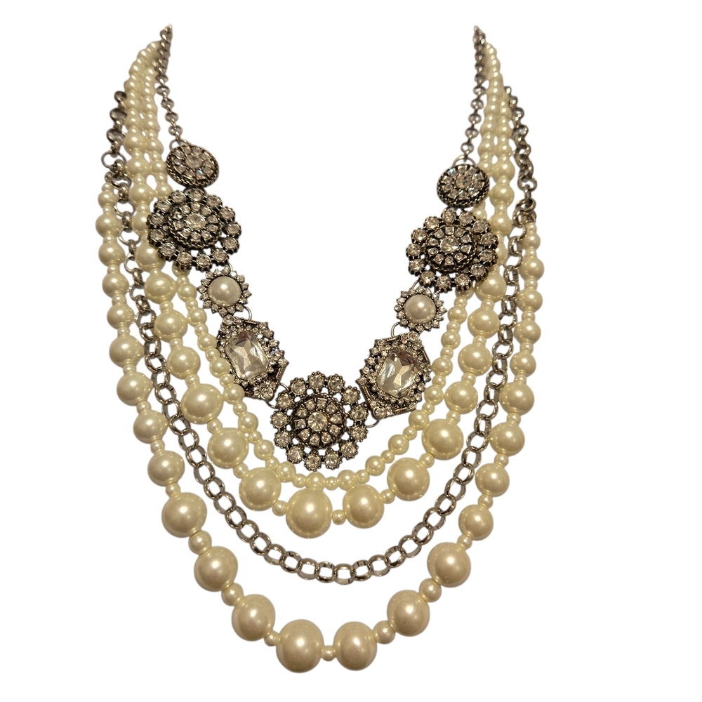 C1946 Vintage-Style Multi-Strand Faux Pearl & Rhinestone Statement Necklace
